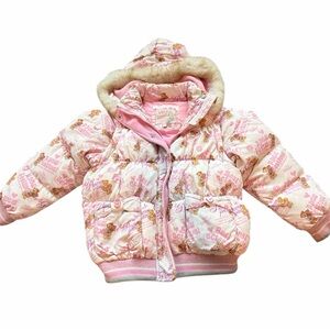 Little girls pink puffer jacket with a teddy bear pattern and a real fur hood